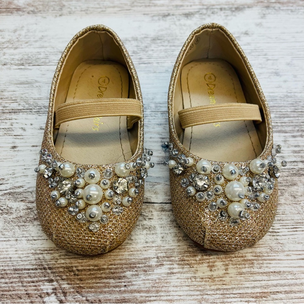 Dream Pairs Gold Beaded Dress Shoes Little Girl Glam Glitz Size 4 Silver Pearl